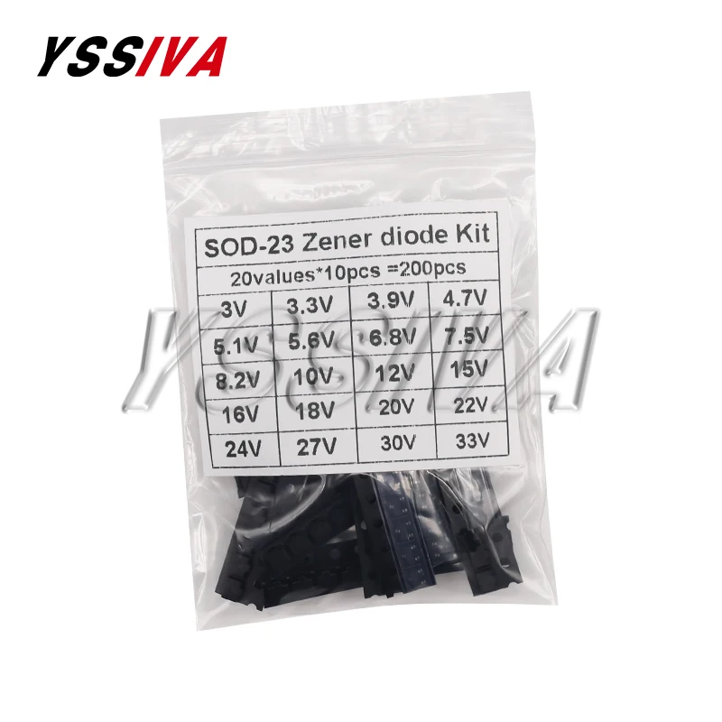 200pcs SMD SOT-23 Zener Diode Assorted Kit SOT23 3V-33V 20Values Each 10pcs DIY Samples Set