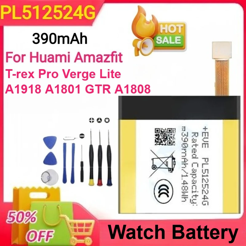 

390mAh PL512524G PL502524V Battery for Huami Amazfit T-rex Pro Verge Lite A1918 A1801 GTR A1808 Watch Batteries