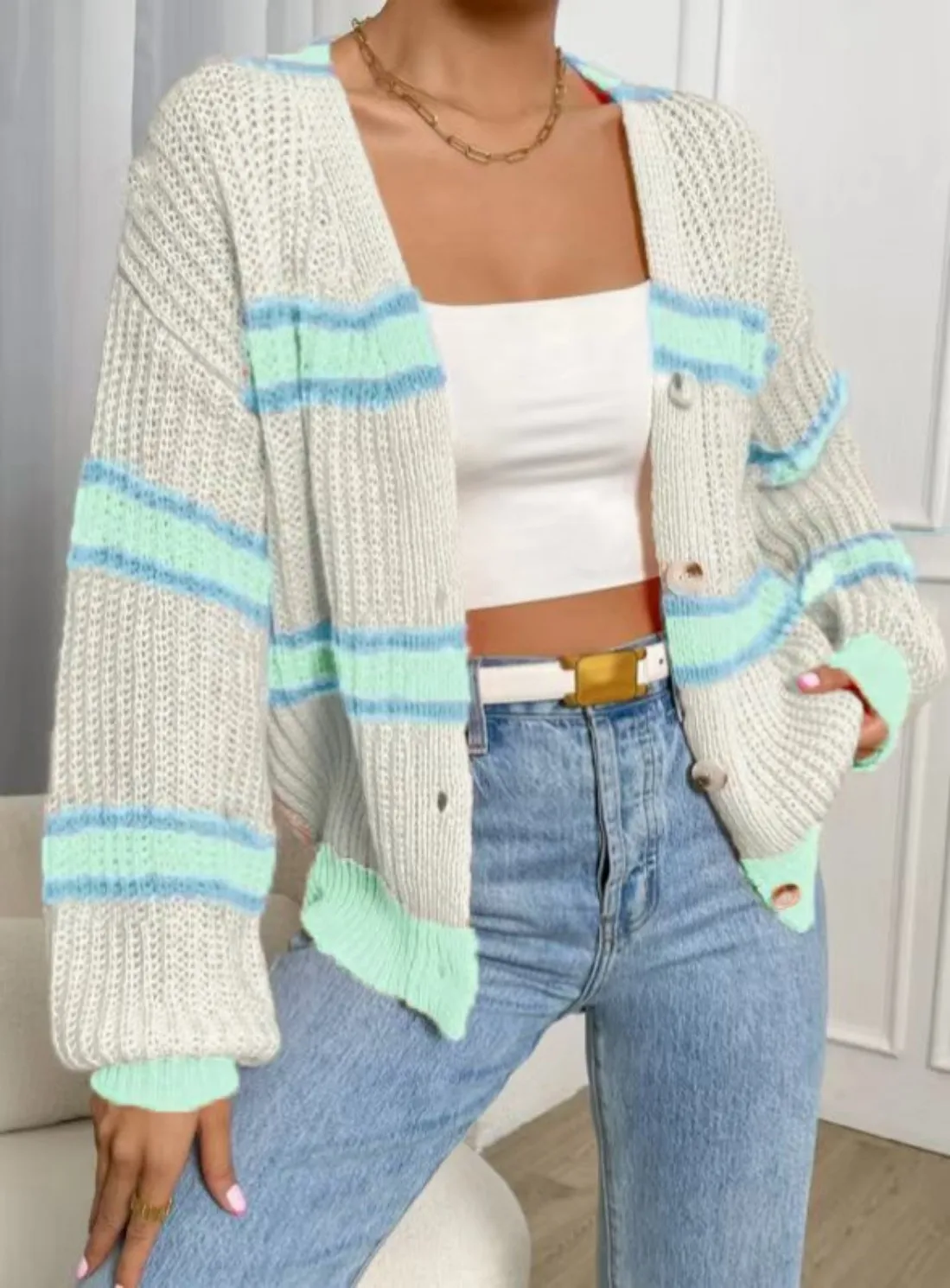 Autumn and winter cardigan sweater loose with striped knitted top lazy coat women