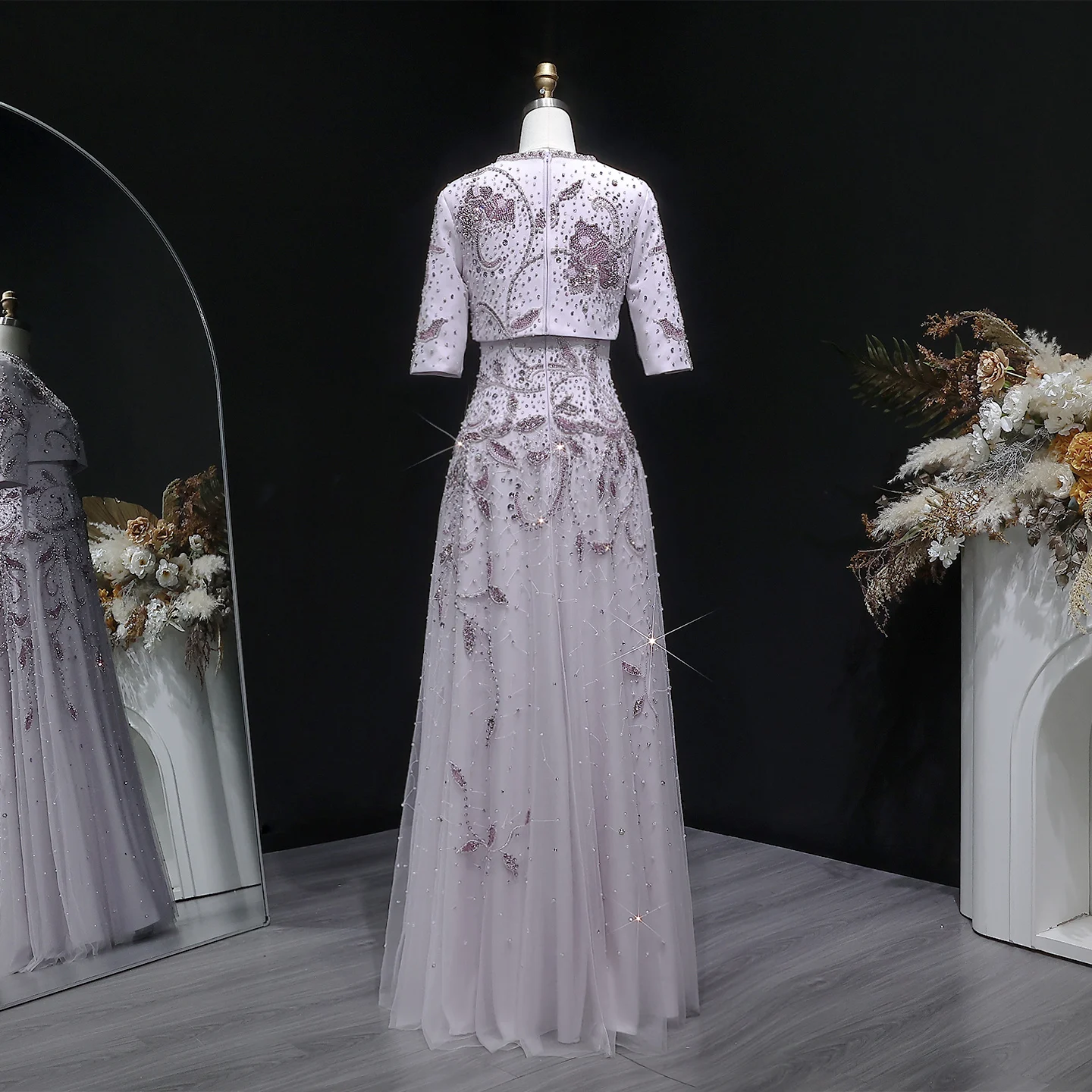 Sharon Said Luxuriöses zweiteiliges Abendkleid in Blush Pink mit Perlenstickerei, formelle Abendkleider für arabische Frauen, SS518, maßgeschneidert – Detail 15