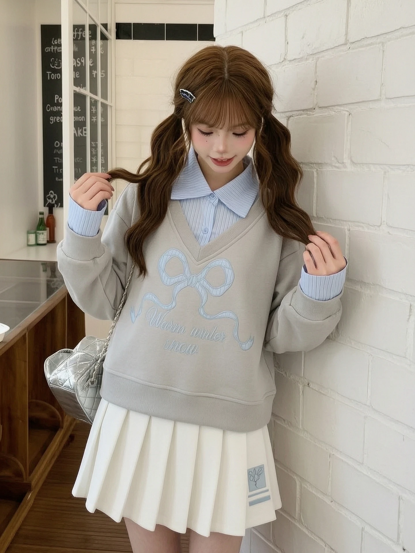Sweet  Knot Embroidered Loose Long Sleeve Short Hoodie Women's Fashion Casual Breathable Cotton Polyester Blend