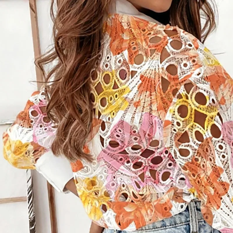 

Рубашка с длинными рукавами и полой кружевной принтом воротника, модная однобортная повседневная рубашка