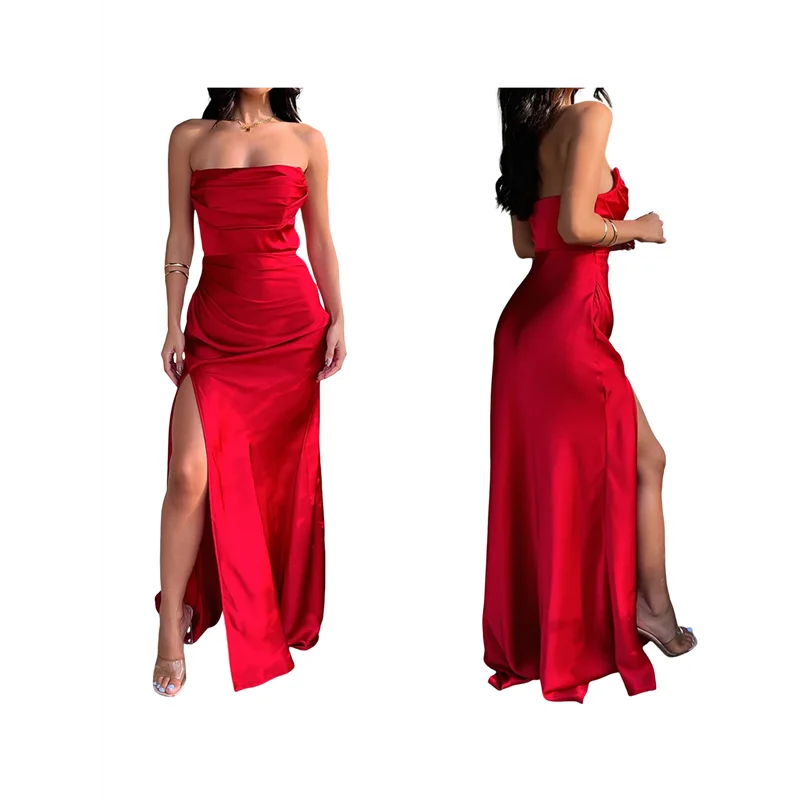 NUOVO-Abito da sera lungo formale aderente da donna elegante senza maniche con spalle scoperte