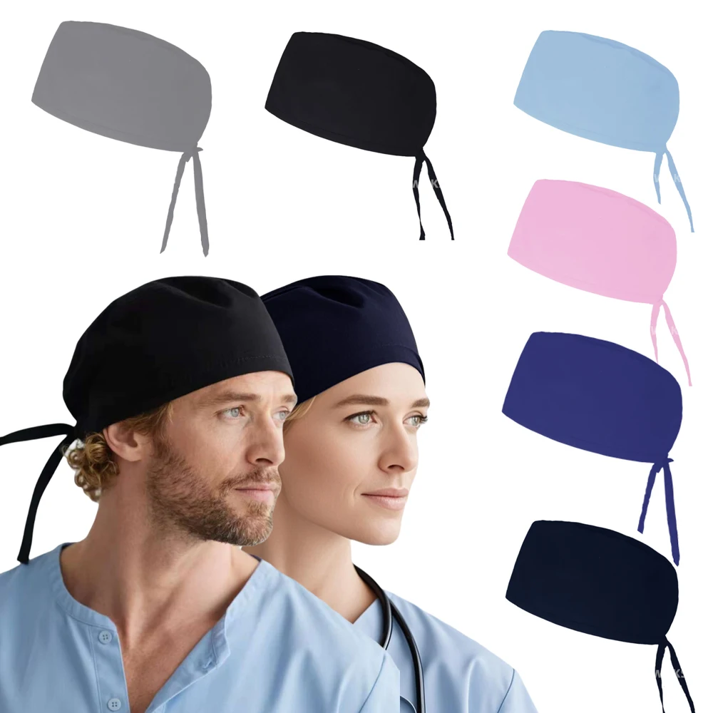 Gorro quirúrgico liso para hombre y mujer, gorro 100% de algodón para quirófano, gorro para enfermera y médico, gorro exfoliante médico Dental ajustable para Hospital