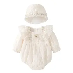 2024 Spring Autumn Baby Girls Lace Romper Outdoor One Piece Princess Jumpsuit Cute Newborn Bodysuits Clothing with a Hat 6-18M