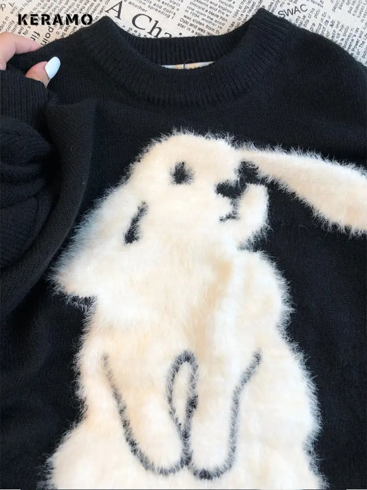 Autumn Winter Women Harajuku Retro Cartoon Cartoon Rabbit Knitted Sweater Oversize Jumper Thick Sweater Pullover Sweater Y2K