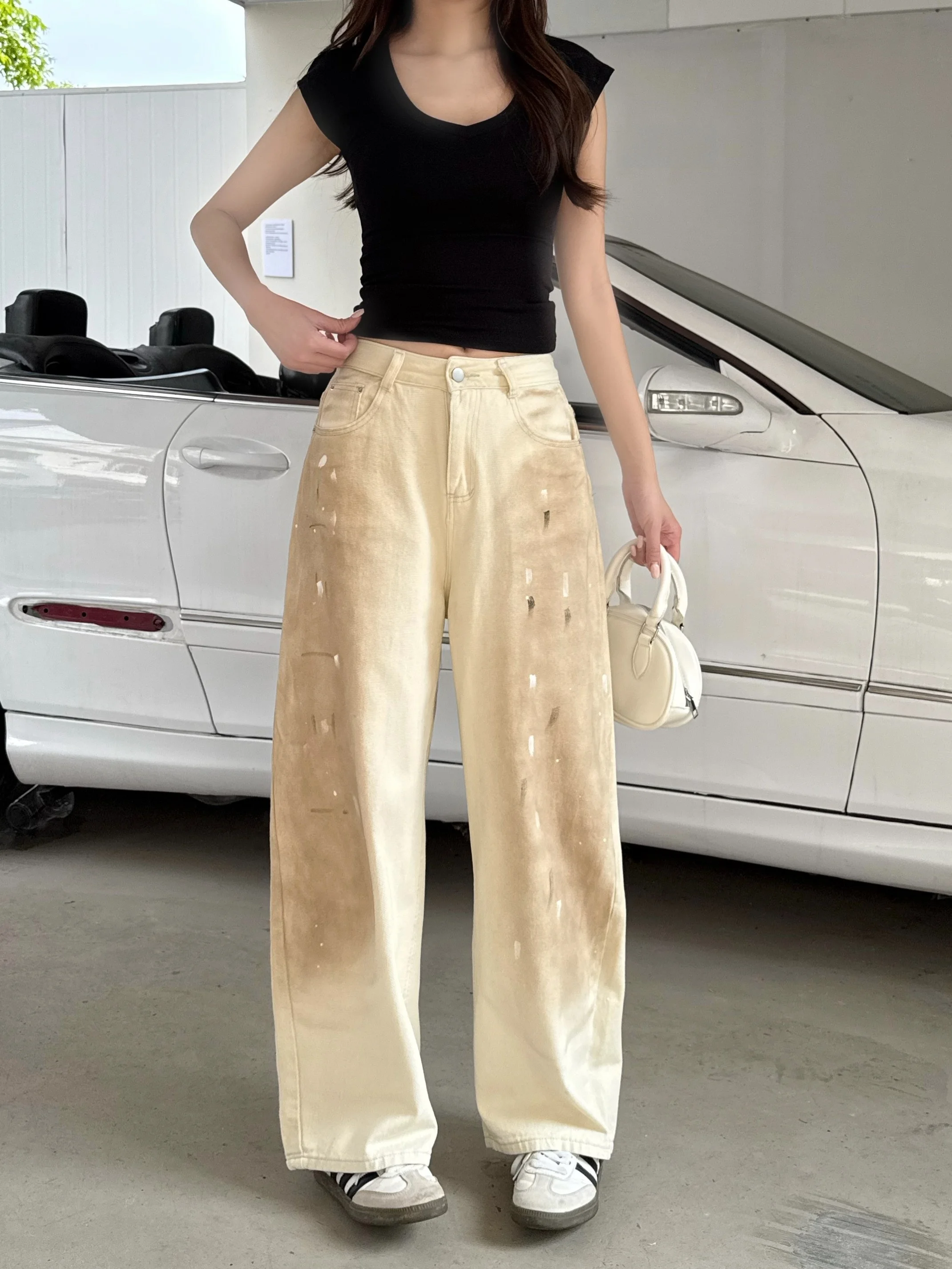 

Retro American Loose Jeans Women's Summer Vintage Slim Straight Leg Pants High Waist Casual Style Denim Fabric Color Block