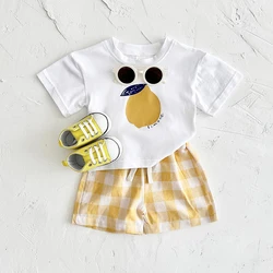 2025 New Newborn Kids Clothes Boys Outifts Lemon Print T-shirt+Checkered Shorts 2PCS Crew Neck Sets Girls Summer Baby Clothing