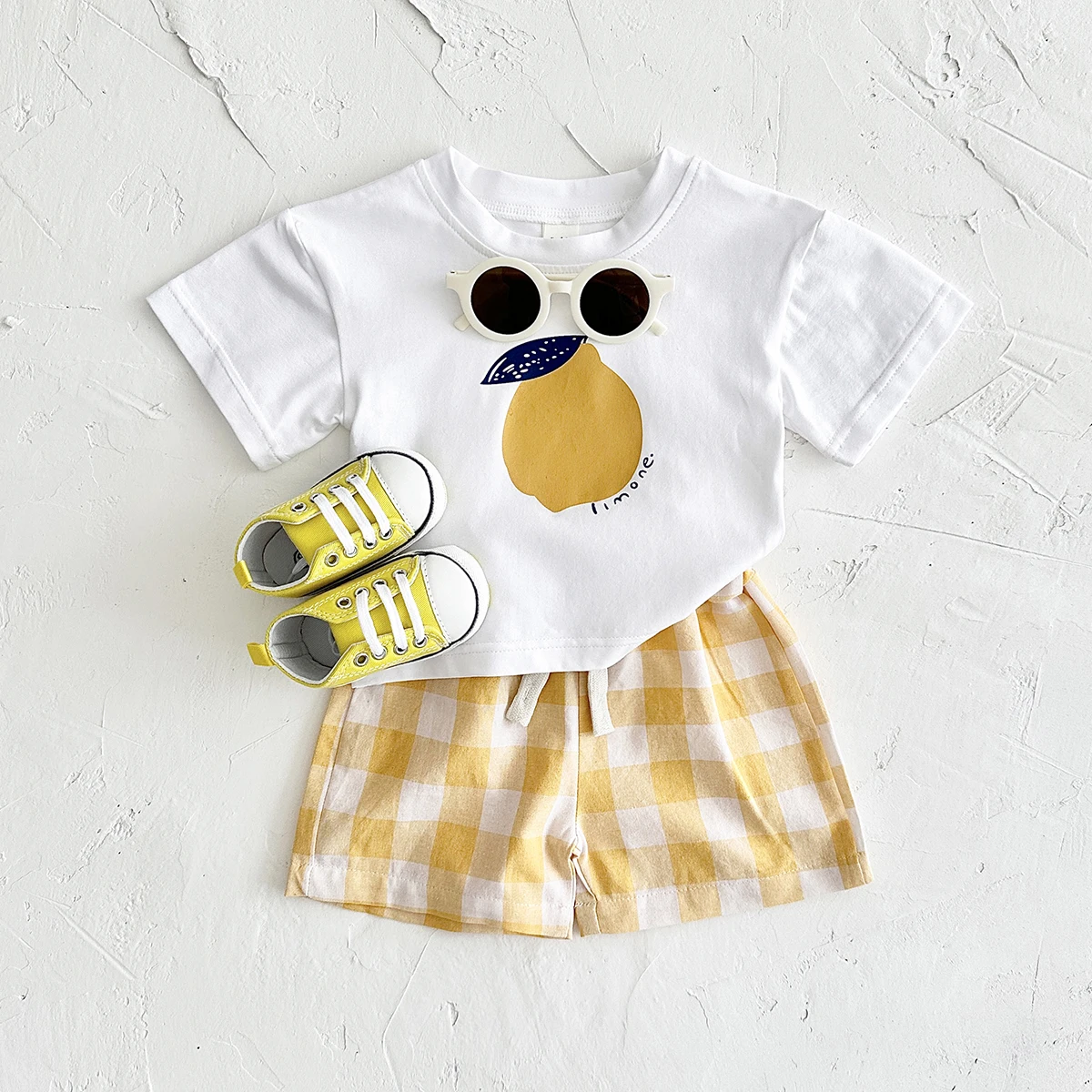 Ins Newborn Kids Clothes Boys Outifts Lemon Print T-shirt+Checkered Shorts 2PCS Crew Neck Sets Girls Summer Baby Clothing