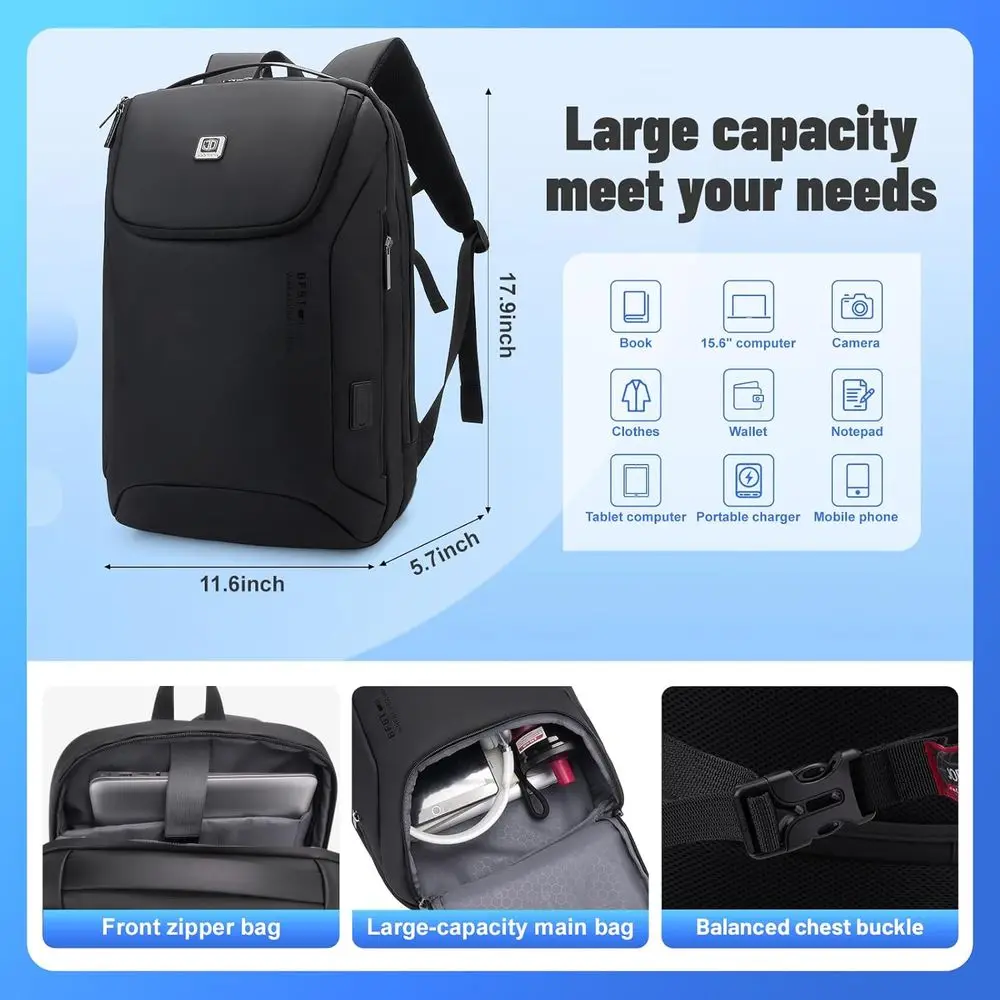 Sac à dos BusinSmart avec serrure TSA, sac à dos pour ordinateur portable imperméable, port de charge USB, sac à dos anti-vol, 180 °   Conception d'ouverture