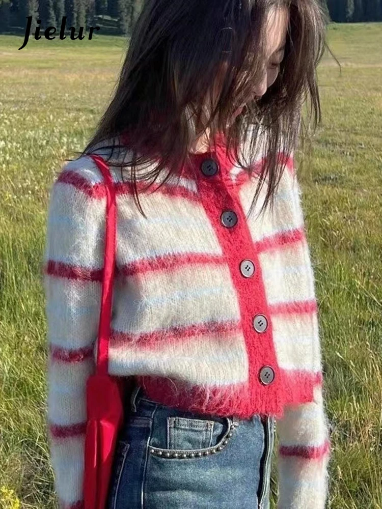 

Jielur Loose Casual Striped Korean Cardigan Spell Color O-neck Simple Fashion Female Streetwear Single Breasted Chic Sweater