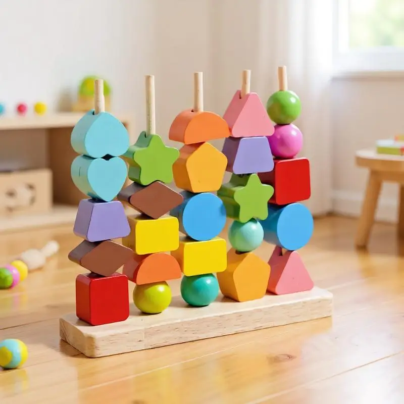 

Последовательность обучающих игрушек Монтессори; Деревянные бусины и блоки для штабелирования; Подарочный набор для укладки форм для раннего развития