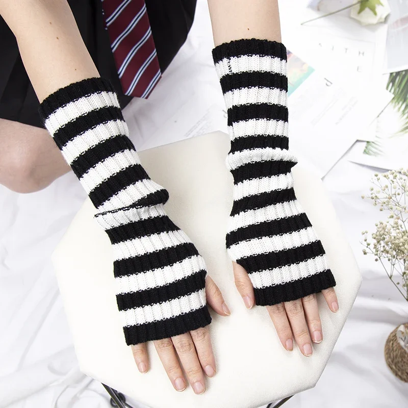 

Long Fingerless Gloves Women Lolita Kawaii Cosplay Mitten Winter Warmer Knitted Arm Sleeve Casual Girls Punk Gothic Black Gloves