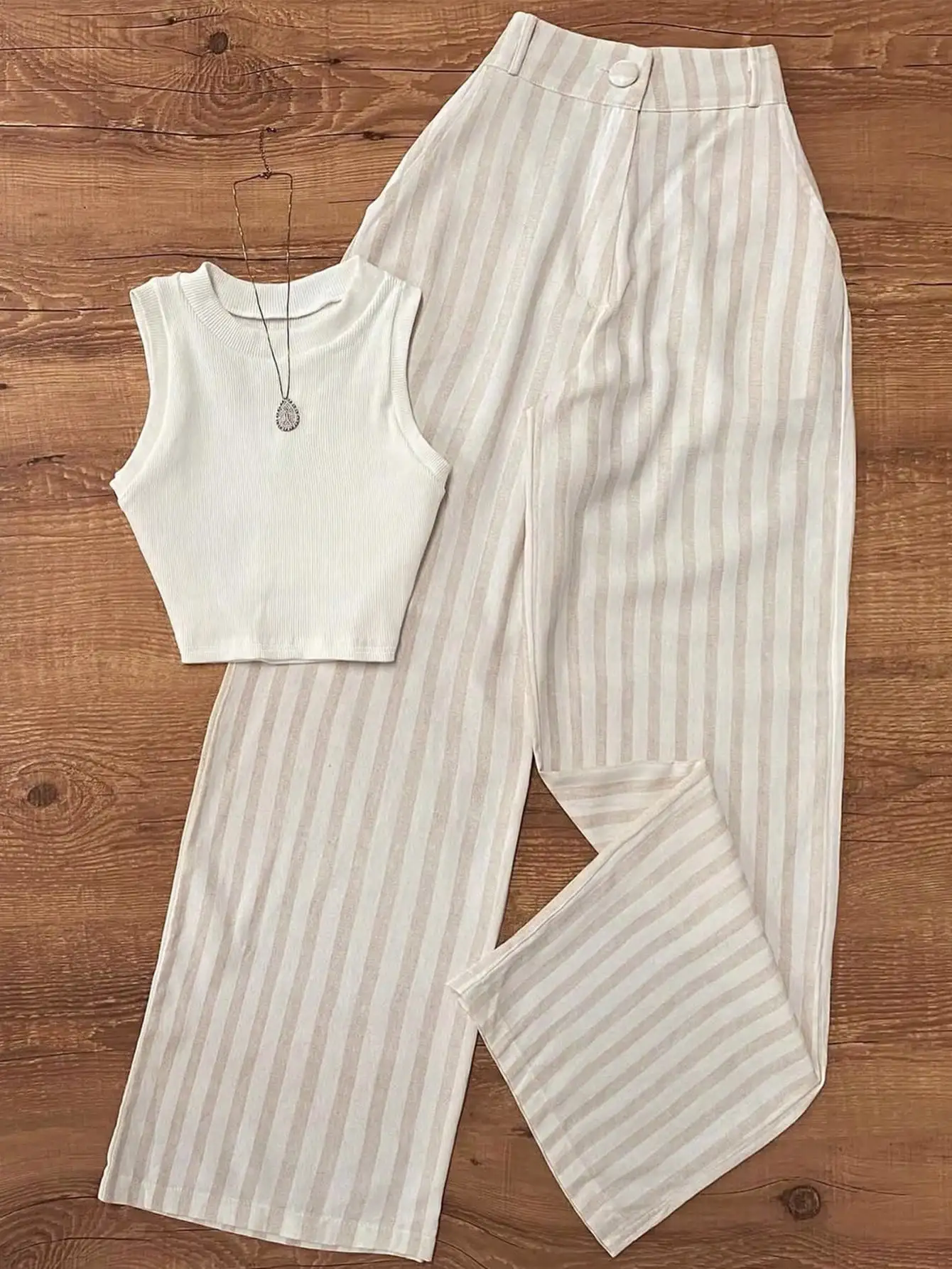

Women's Striped Ribbed Crop Top & Wide Leg Pants Set, Casual Office Garden Wear, Spring Summer