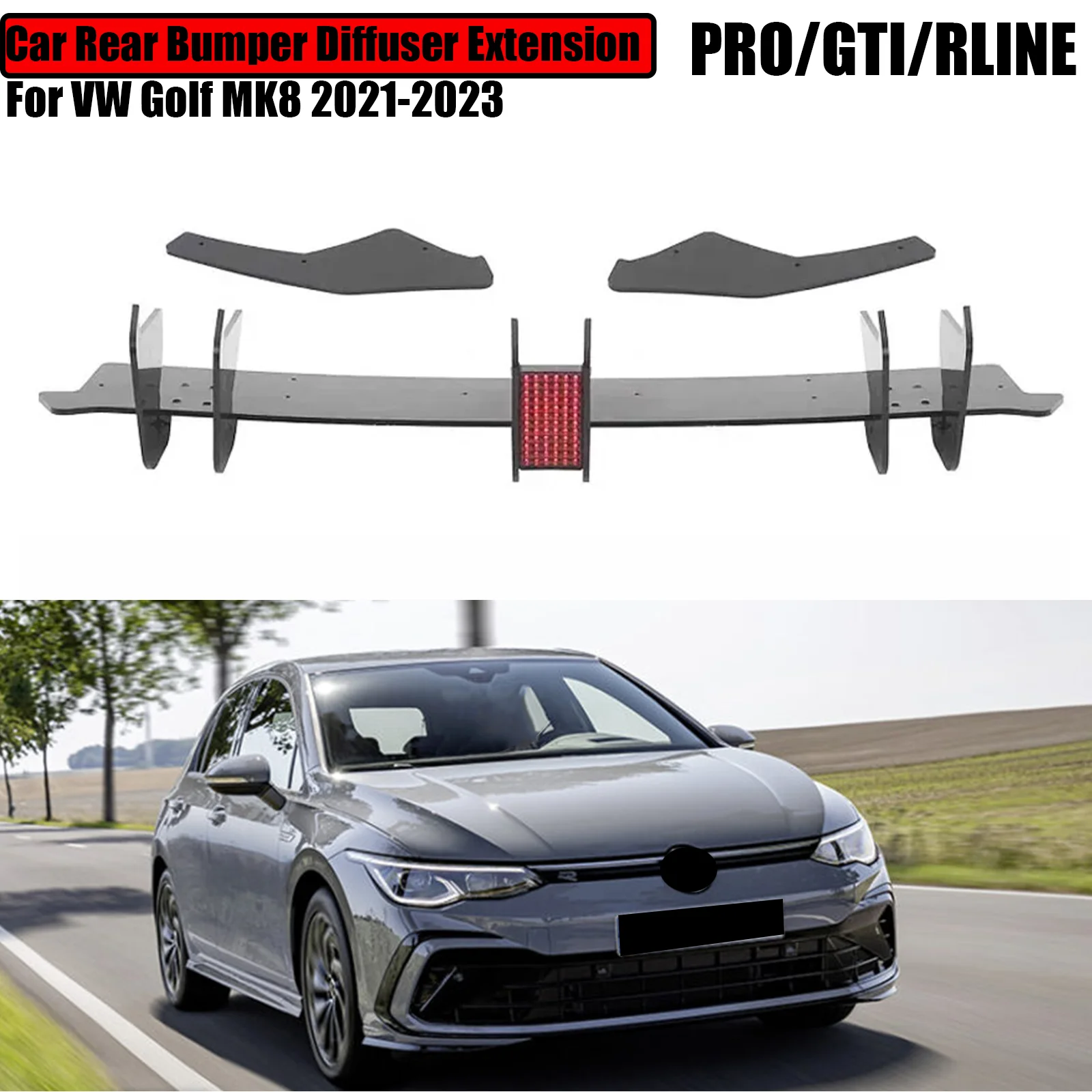 

For Volkswagen VW Golf MK8 GTI PRO RLINE 2021 2022 2023 Rear Bumper Lip Diffuser Extension Spoiler Spilitter With Stop Led Light