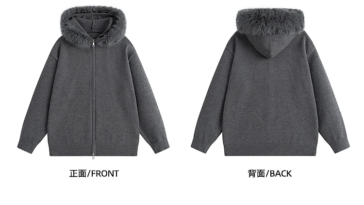 2025 Winter New Simple Fur Collar Hooded Knit Sweater Stylish Men's Fashion Trend Casual Loose Zipper Cardigan Sweater Jacket