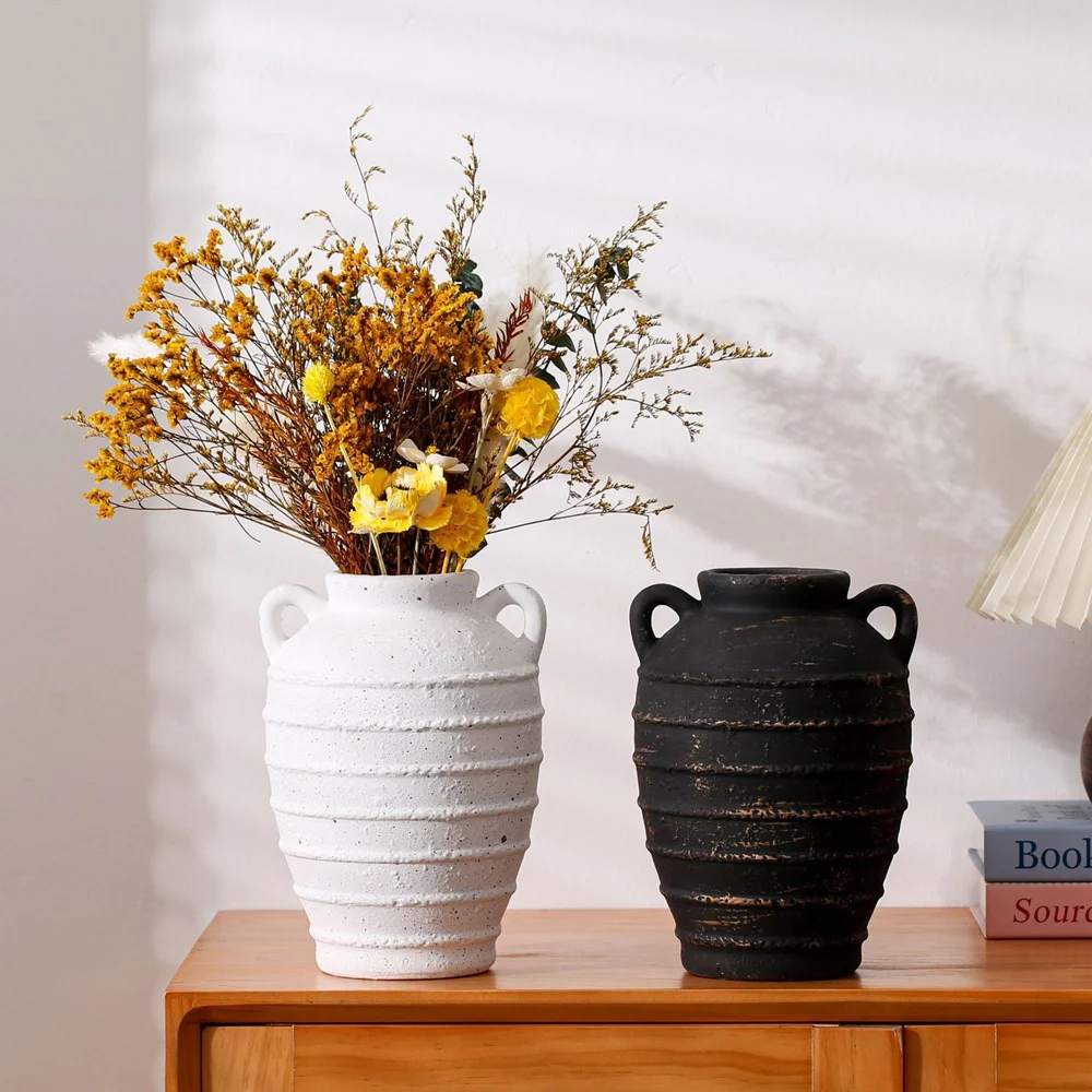 Amphora Ceramic Vase Dried Flowers Nordic Japandi Home Decor Display Table Top Art Ribbon Texture Ornament Living Room Office