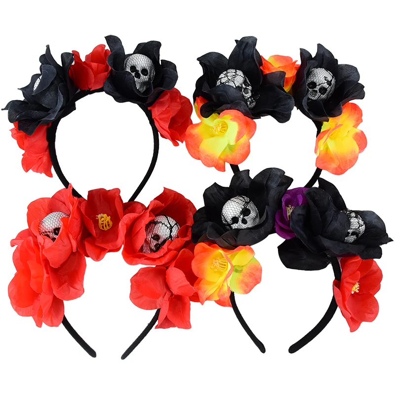 

Halloween Skull Headband Rose Flower Crown Headwear Girl Hair Hoop Halloween Party Festival Decor Hair Accessories Costumes Prop