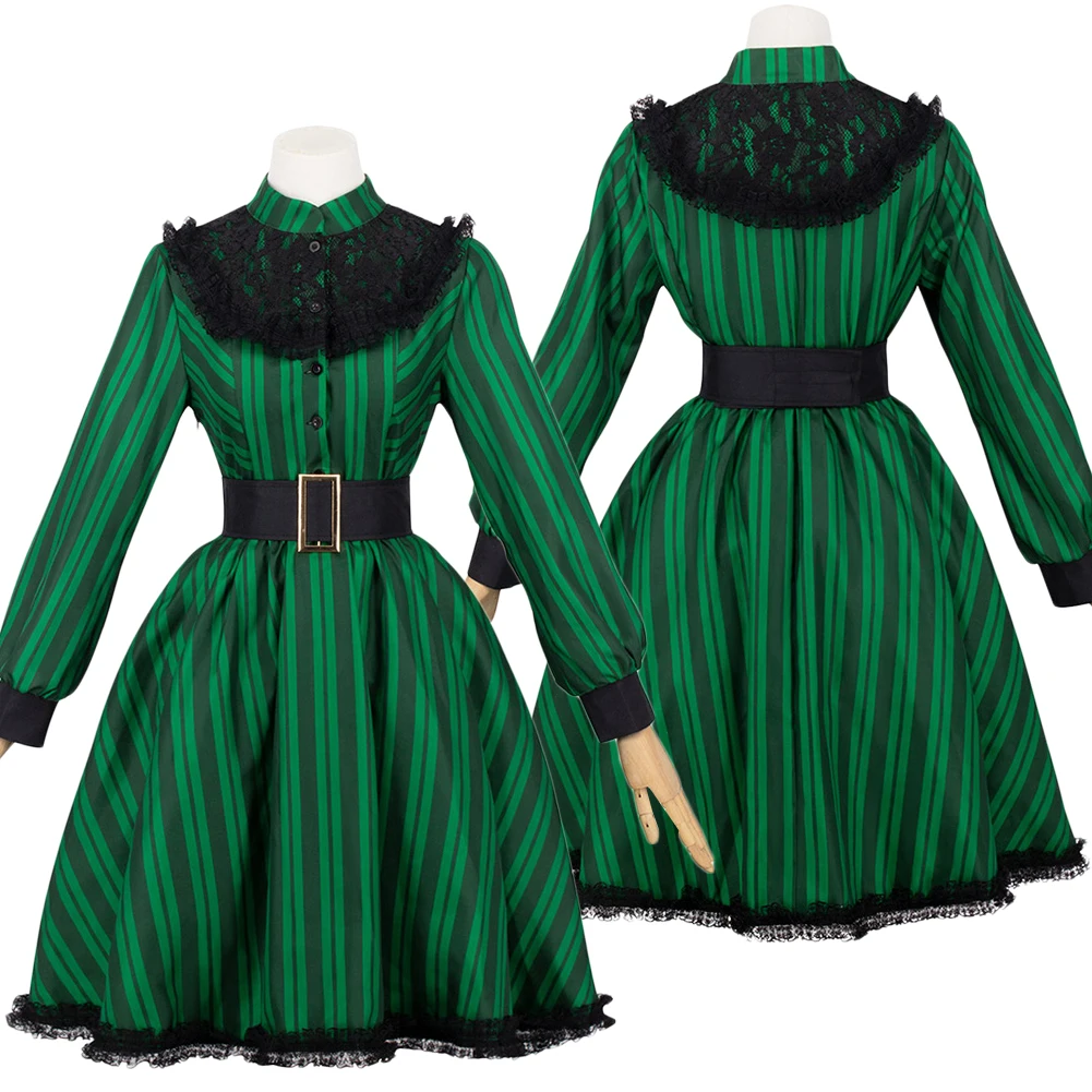 

Movie Haunted Mansion Maid Cosplay Green Dress Costume Uniform Halloween Clothes Set Carnival Party Outfits For Adult Female