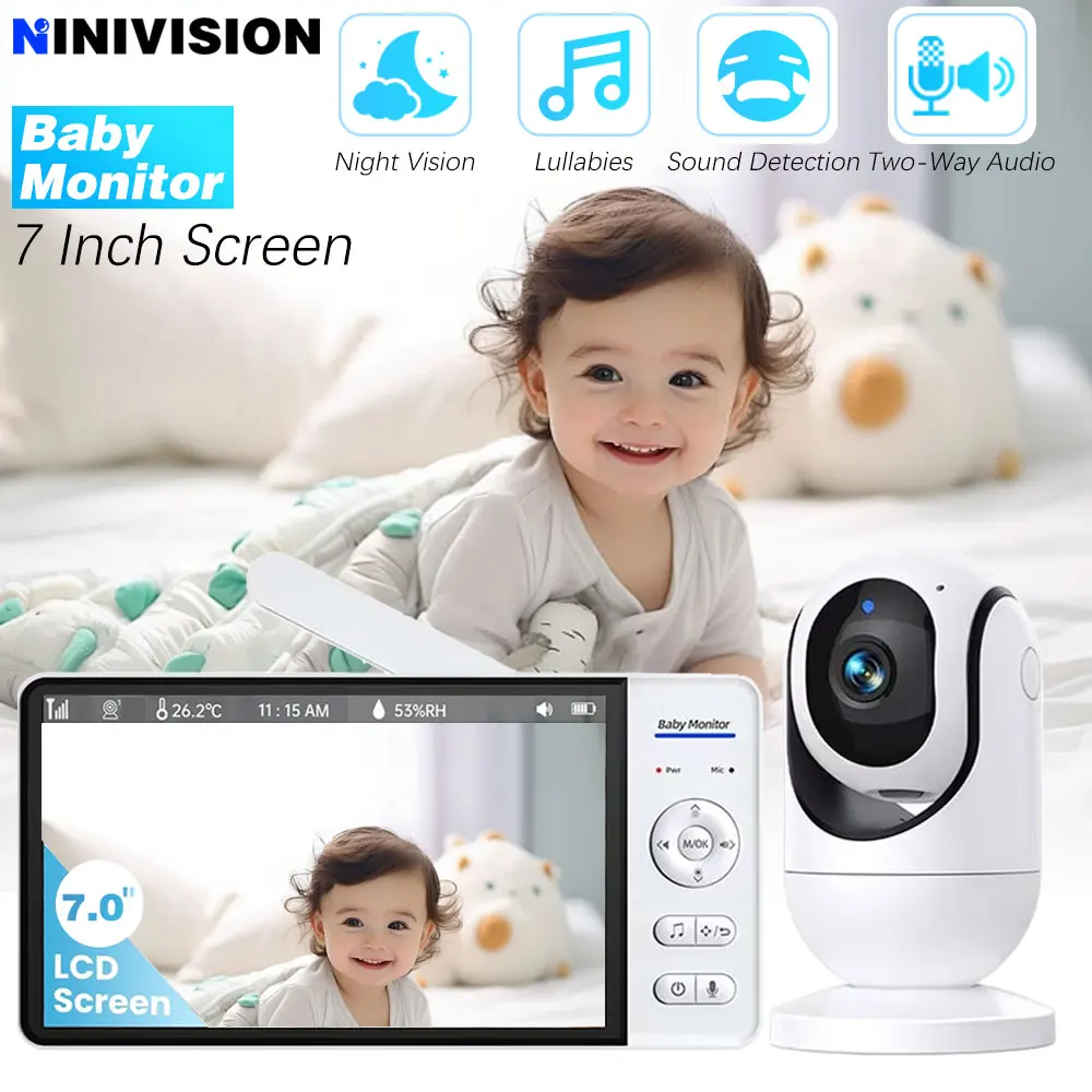 Baby Monitor Schermo da 7,0 pollici Batteria da 5000 mAh Sicurezza domestica intelligente per interni Telecamera con zoom PTZ Video sorveglianza Temperatura Ninne nanne