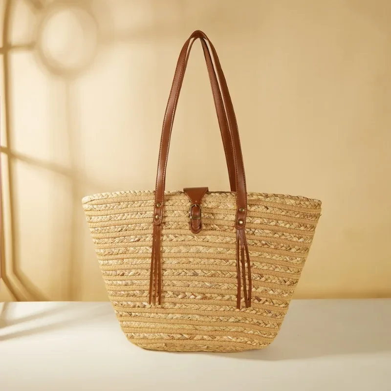 

Summer Large Capacity Straw Bag Hand-woven Tote Bag French Style Elegant Female Seaside Travel Holiday Beach Shoulder Bag 2024