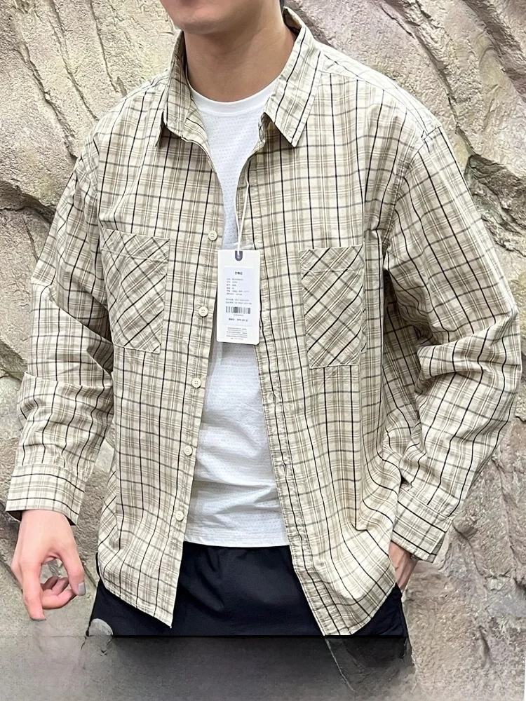 

Японский художественный мужской длинный све, хлопок irt Waed, дышащий модный воротник, модная повседневная одежда в клетку