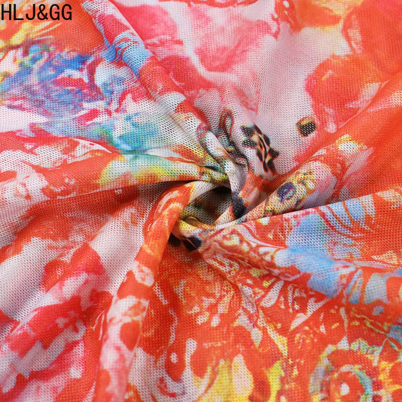 فساتين طويلة مثيرة بشبكة على شكل حرف V من HLJ&GG شفافة على الرغم من فساتين طويلة للنساء مطبوعة بصبغة التعادل بدون أكمام وظهر نحيف ملابس خروج عصرية