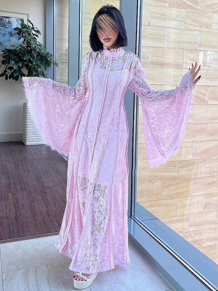 

Gril's Long Dress Banquet Party Dress Lace Perspective Pink Dress Stand Collar Suitable Sized Trumpet Sleeve Long Sleeve Skirt