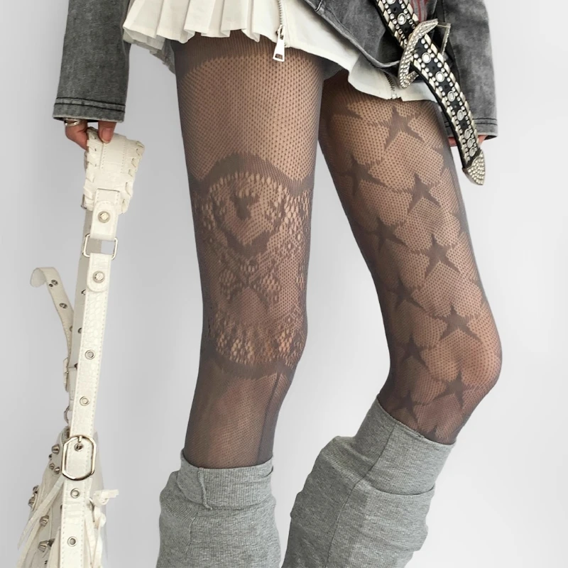 الجوف التدريجي الجاكار ستار جوارب شبكية غير المتماثلة العصرية مثير المرأة جوارب طويلة إلى الركب الحلو لوليتا Y2K تأثيري جوارب طويلة