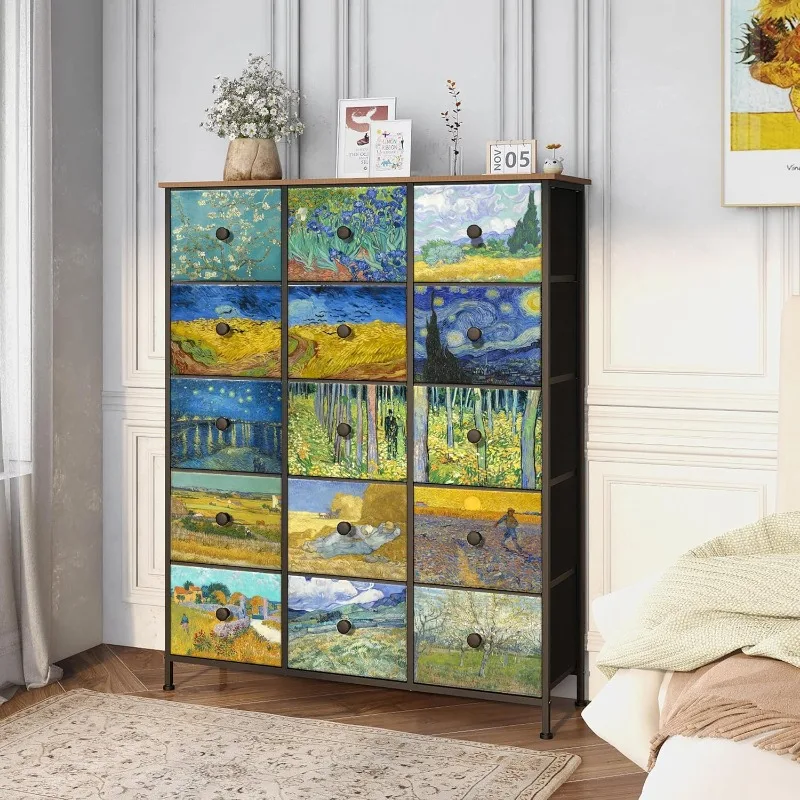 

Large Chest of Drawers 15 Drawer Dresser Van Gogh Tall Fabric Dresser for Bedroom Living Room Entryway Closet