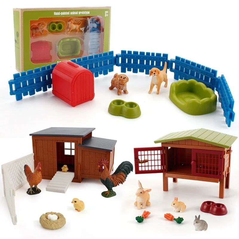 Simulation Farm Animals Model Assembly Farmhouse Fence Poultry Chicken Craft Play House Toys for Children Holiday Gift