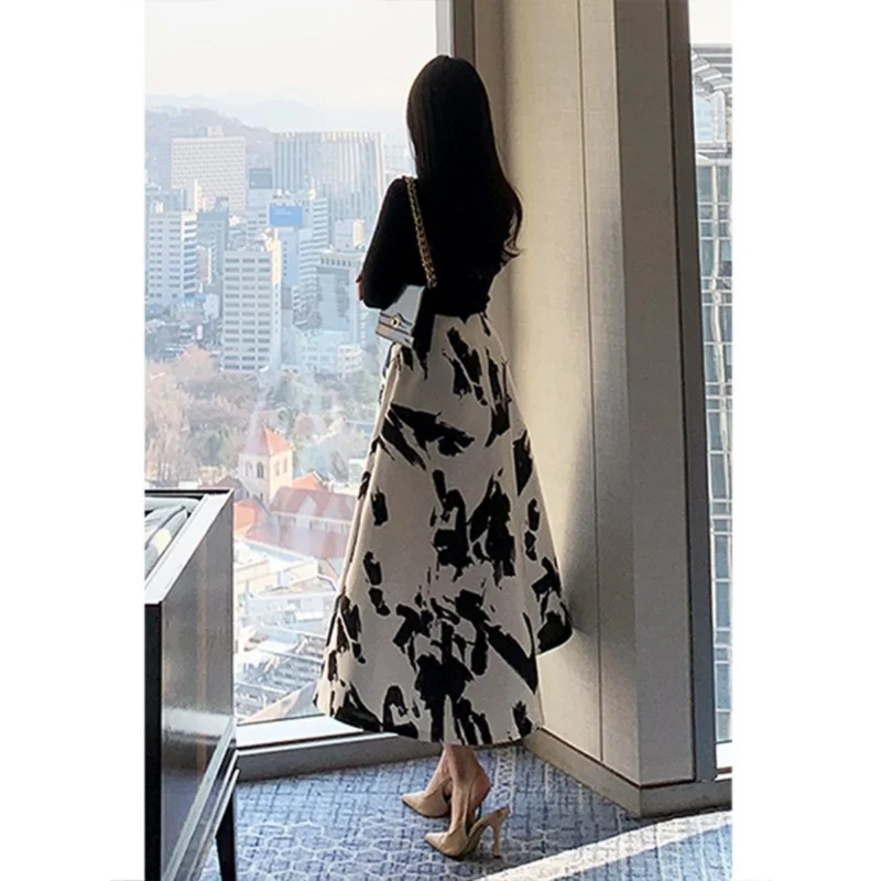 

Ink Painting Skirt for Women Autumn and Winter New High Waist Big Swing Umbrella Skirt Small Korean Version for Commuter Mid-Len