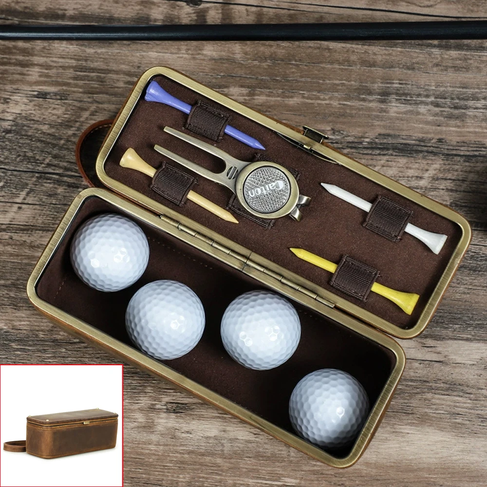 Portable Crazy Horse Leather Golf Storage Case Metal Hinged Golf Gear Organizer with Wrist Strap Multi-function Glasses Bag