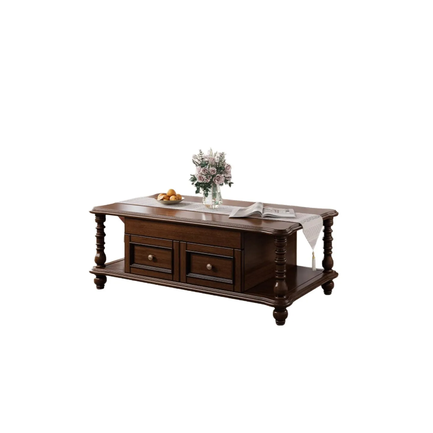 American retro solid wood coffee table, small apartment living room square table, tea table with drawer fruit plate