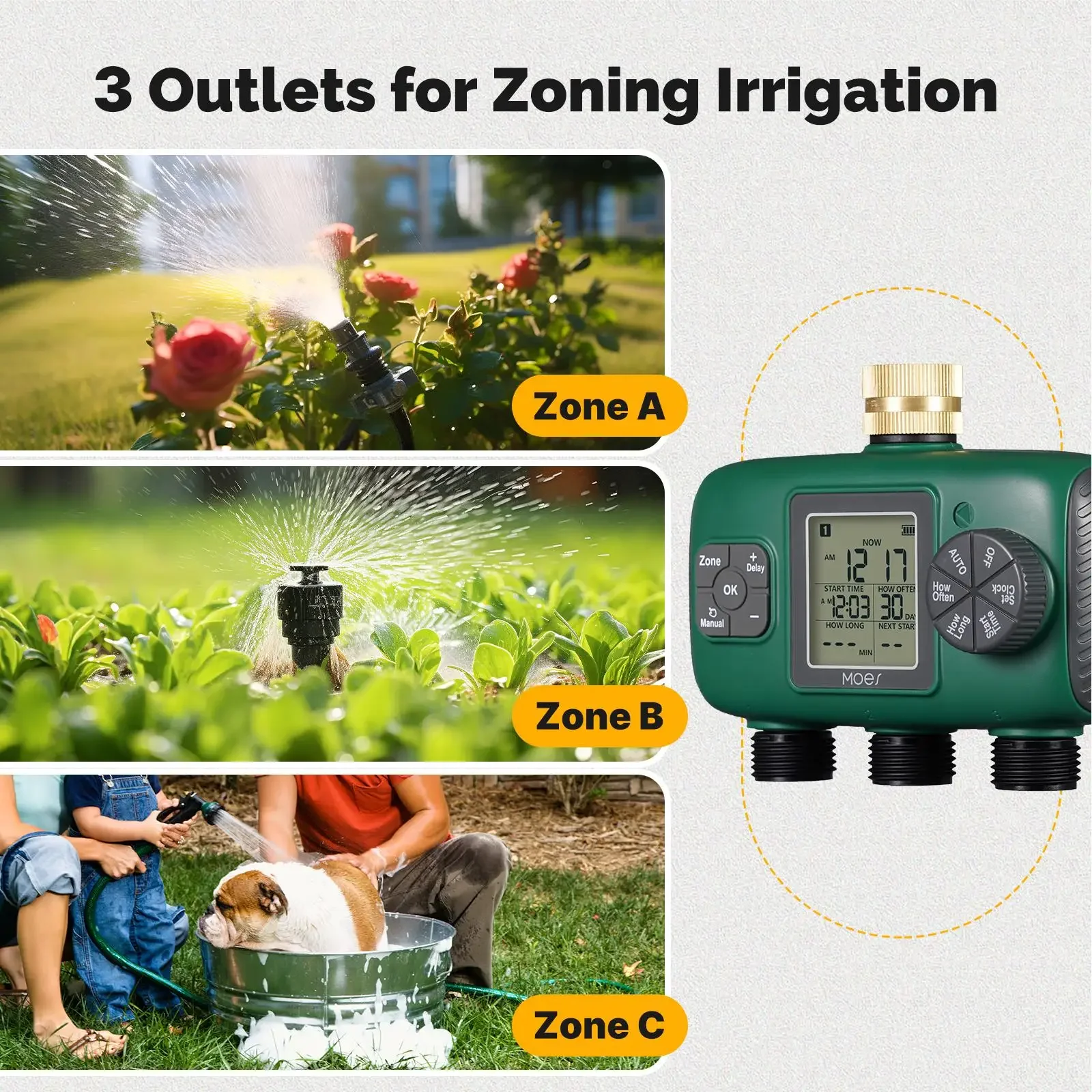MOES 3-Outlet Smart Water Timer Brass Inlet IPX5Waterproof  Knob Button Automatic Irrigation LCD Display Screen Garden Sprinkler