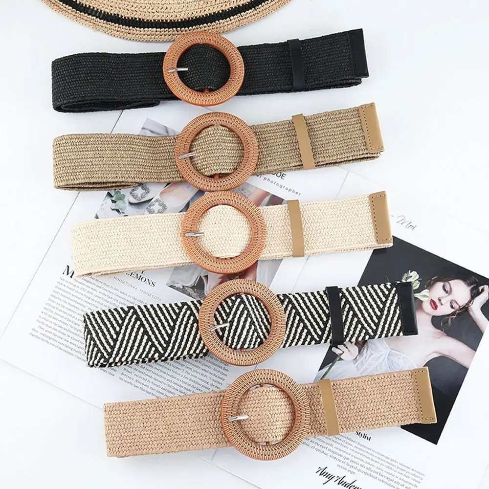 Fashion Bohemian Square Buckle Elastic Braided Belts Women Summer Linen Weave Fake Straw Waist Belt Dress Shirt Decoration