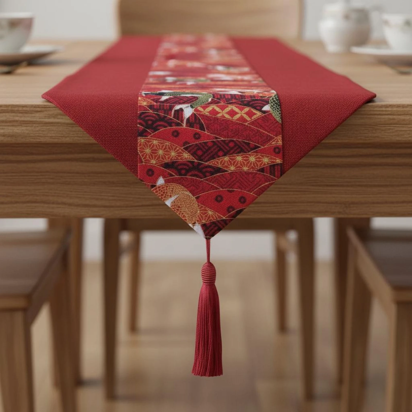 Koi Fish Table Runner Textured Woven Koi Table Runner Decor Textile Pointed Ends Long Rectangular