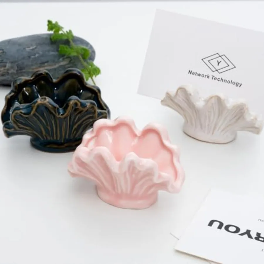 

Ceramic Shell Business Card Holder Set of 3 - Pink, White, Blue - Boho Vertical Desk Organizer and Business Card Display for Of