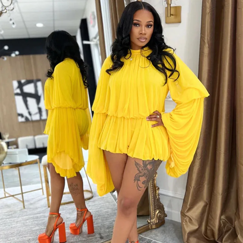 

Doyerl Pleat Playsuit Women Jumpsuits Spring Autumn Y2K Clothes Flare Sleeve Ruched Club Party Rompers Birthday Combishort Femme