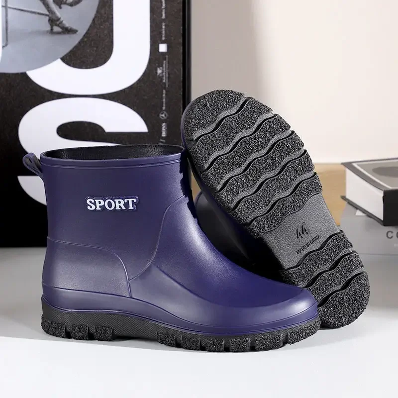 

Летние короткие мужские резиновые сапоги для молодых людей, модные резиновые сапоги для взрослых, пластиковые водонепроницаемые и нескользящие мужские туфли