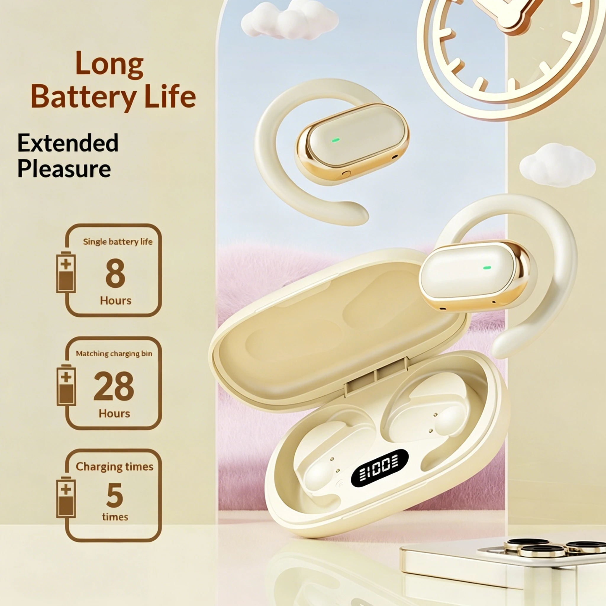 Wireless Earphones with Digital Display Bone Conduction Bluetooth Sound Comfortable Wear Extended Playtime Sports Headphones