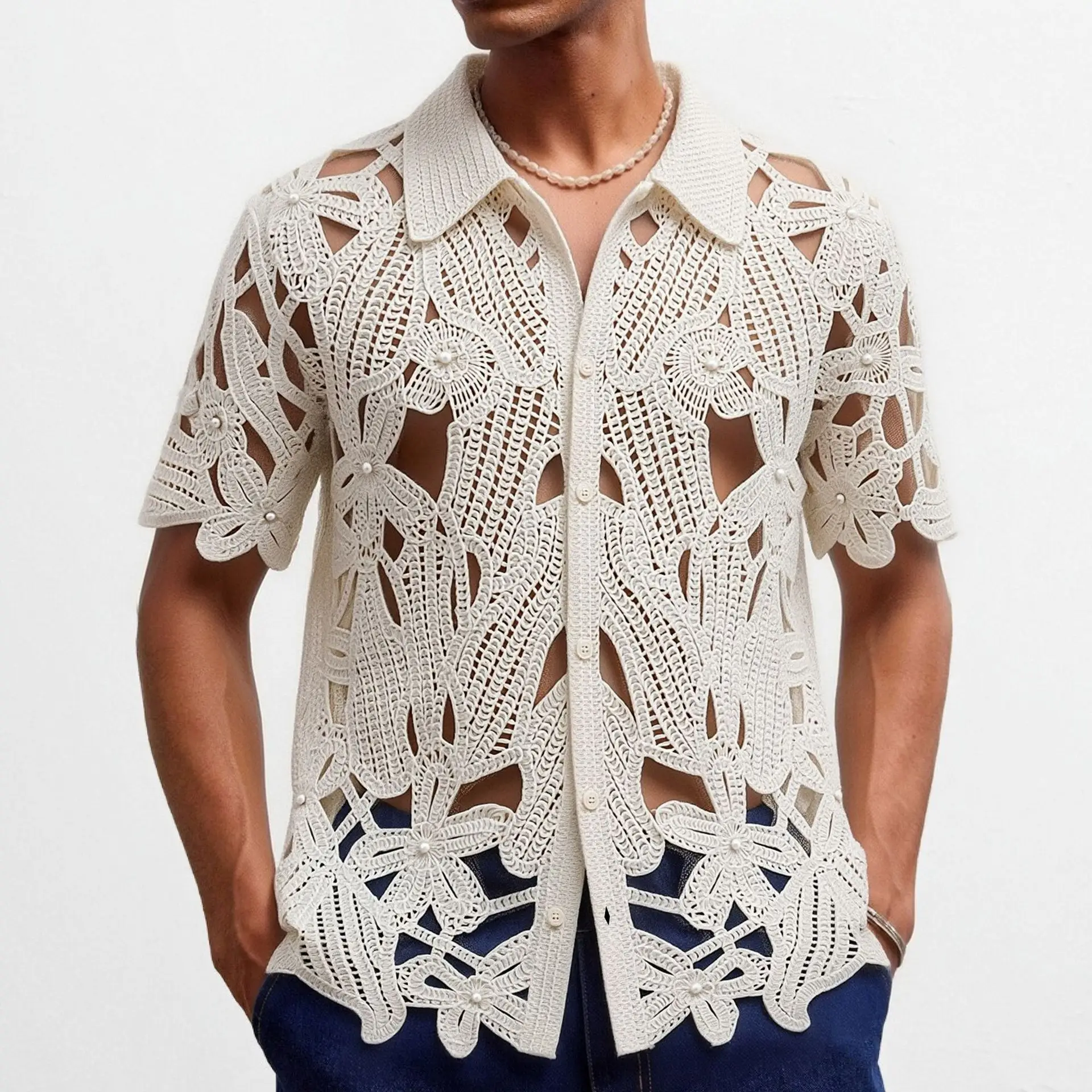 European Summer Men Apricot Solid Color Hollow Out Knitted Turn-down Collar Breasted Short Sleeve Simple Basic Polo Shirts Tops