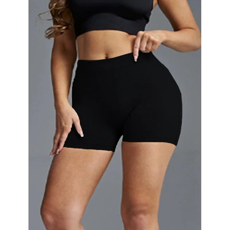   Shorts feminino preto sólido regular fit 2025 cintura elástica emagrecimento casual escritório calças diárias