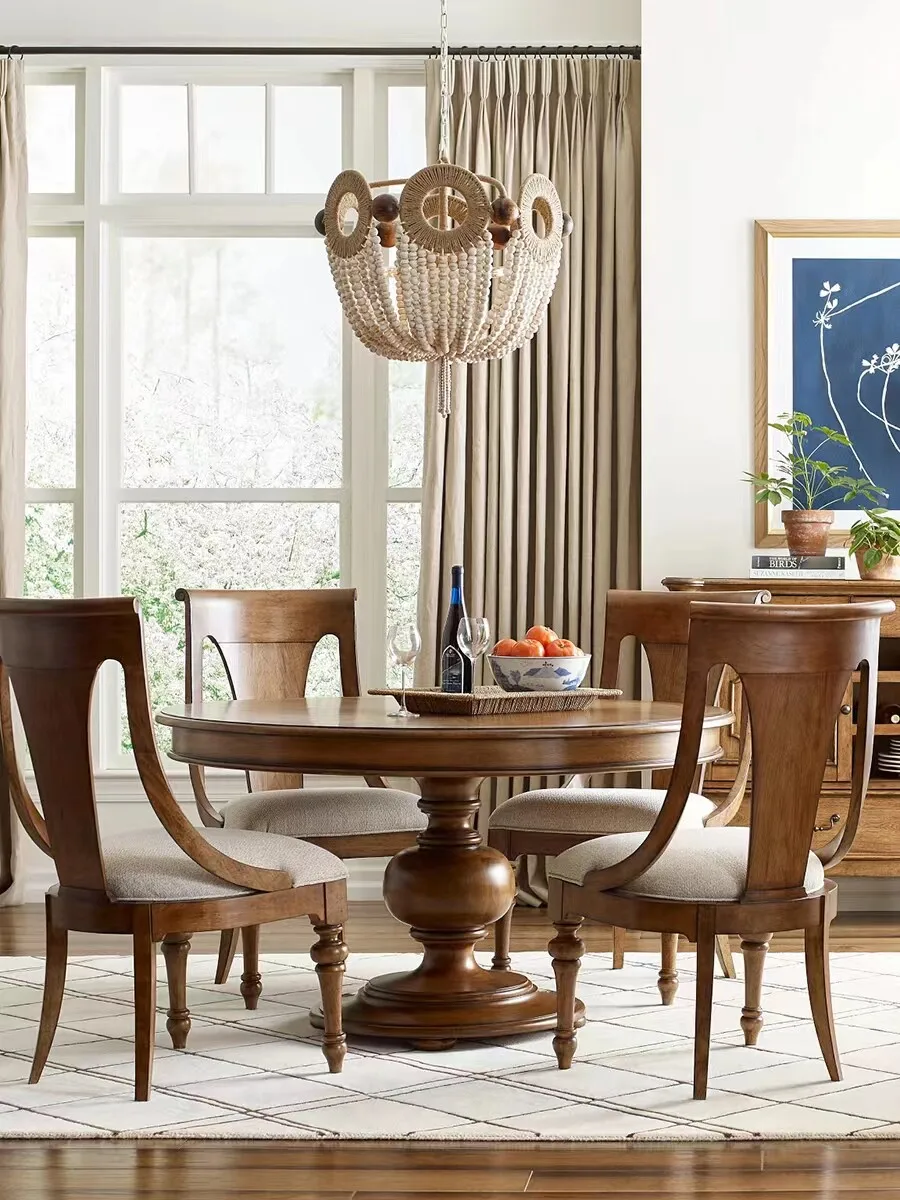 Solid wood round dining table and chair combination household small apartment rotating and retractable walnut retro dining table