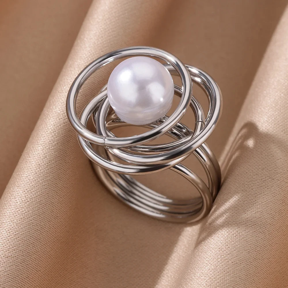 Fashion Imitation Pearl Wrap Rings For Women Gold Color Stainless Steel Irregular Cross Ring Wedding Party Jewelry Gift