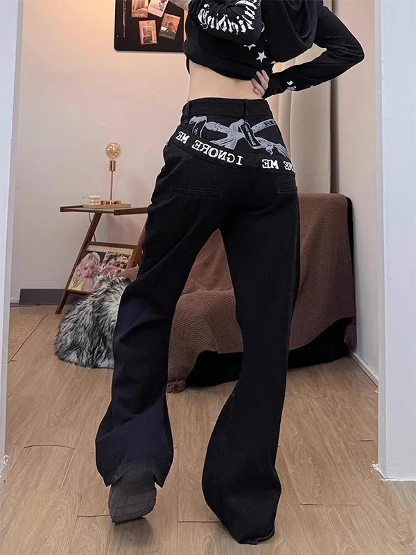 

Retro American Vibe Printed Denim Jeans Men's Small Design Sensation Flared Workwear Straight Leg Trousers High Street Style