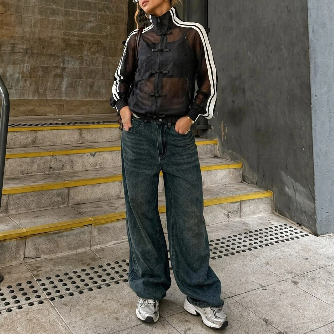 Damenjacke im chinesischen Stil mit Froschknöpfen, durchsichtigem Mesh-Material, Stehkragen, Streifenmuster, langen Ärmeln, transparent, Streetwear-Cardigan – Detail 2