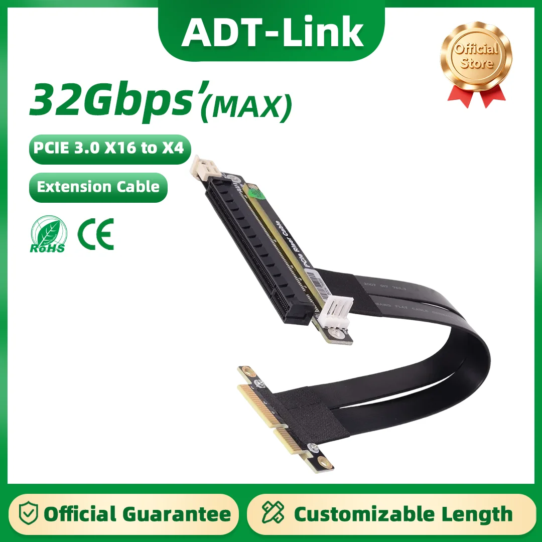 ADT-Link 32G/bps PCIE 3.0 X4 To X16 Extension Cable Gen3 Riser Adapter for Graphic Card Card Ribbon Extender 4Pin Power