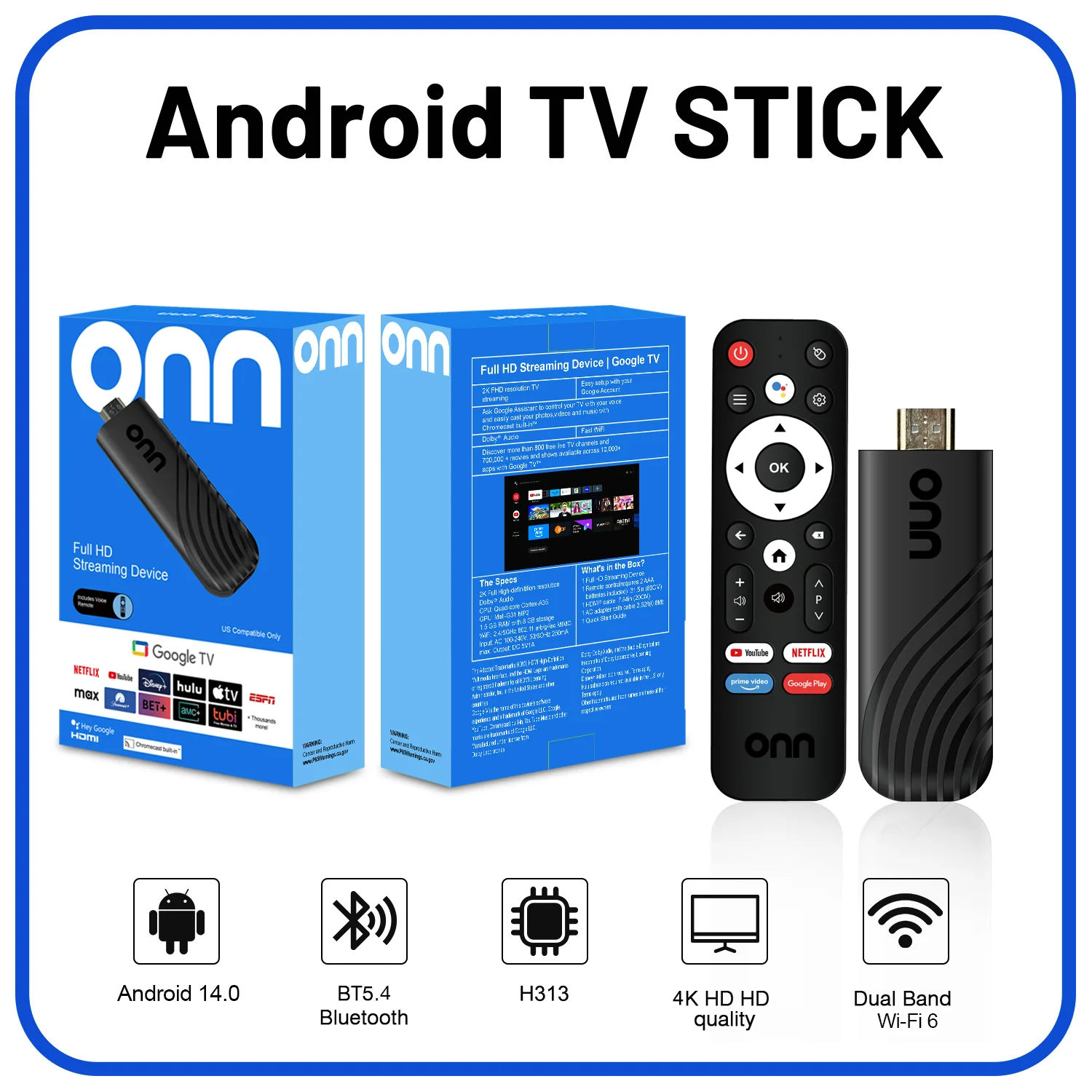 ONN ATV Stick 8K 4K HD с поддержкой видео, BT5.0, Dual WiFi6, 4G, 5G, голосовым управлением, Allwinner H313, четырехъядерный процессор, Smart TV Stick 8GB 128GB