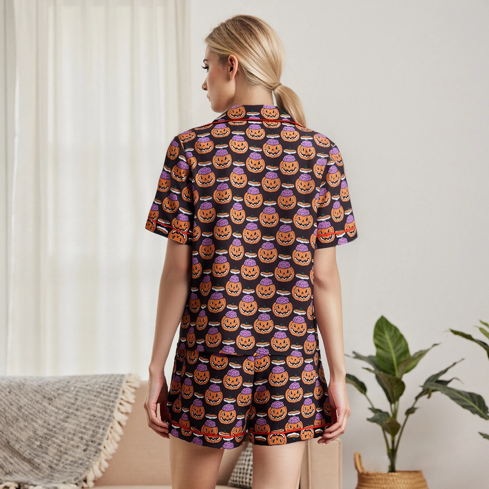Women's Halloween Lounge Set Short Sleeve Lapel Pumpkin/Witch Hat/Bat Print Tops Shorts Sleepwear Sets